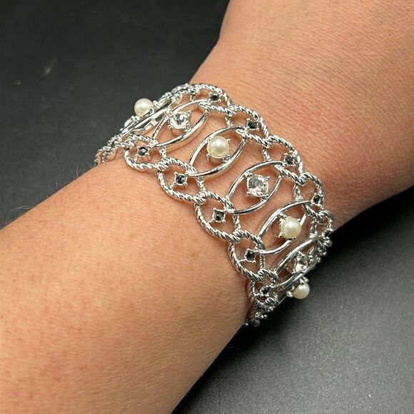 Emmons VTG 1950’s Large Silver Tone Wide Bracelet Faux Pearl Rhinestones MCM - Picture 5 of 9